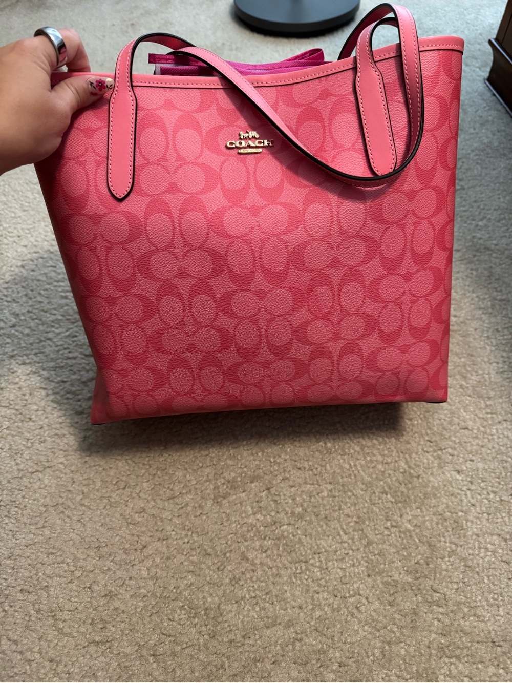 COACH Pink Signature Canvas Tote with Gold Logo